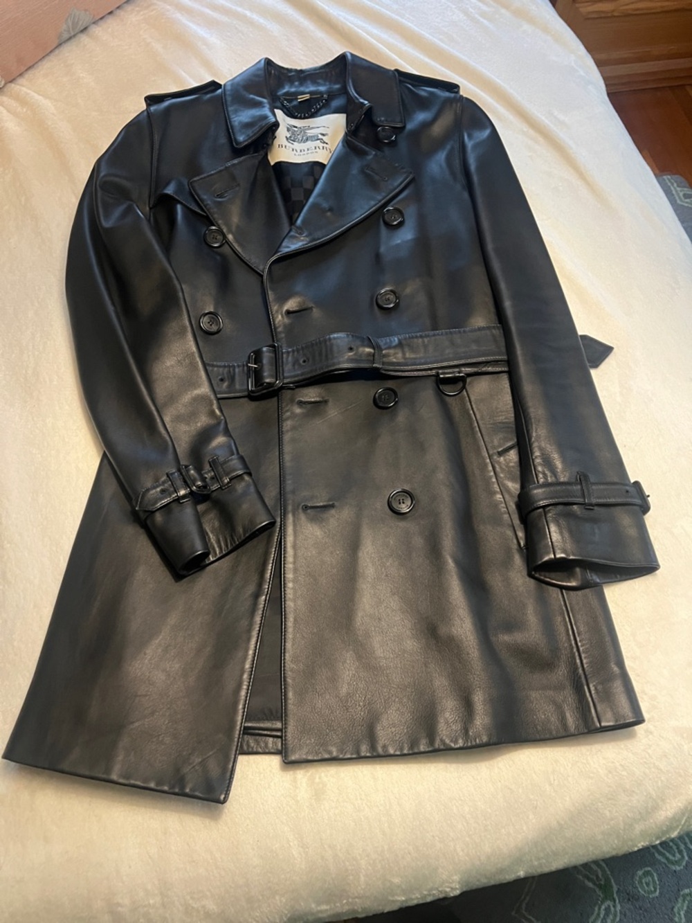 Burberry Black Leather Double-Breasted Trench Coat